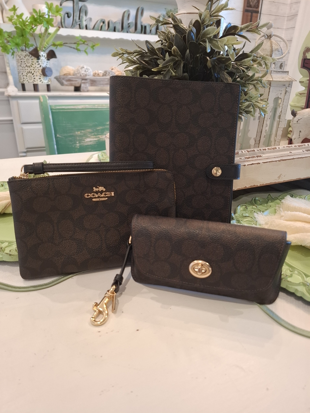 Coach Dark Brown Signature Canvas Wallet Trio with Gold Hardware